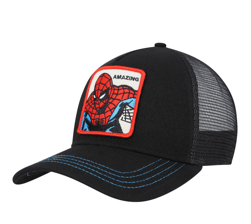 Shop it <a href=https://www.lids.com/marvel-spider-man/spider-man-retro-a-frame-snapback-hat-black/o-1290513755+t-02064947+p-395325967+z-8-3916902143?_ref=p-DLP:m-GRID:i-r2c2:po-8>here</a>