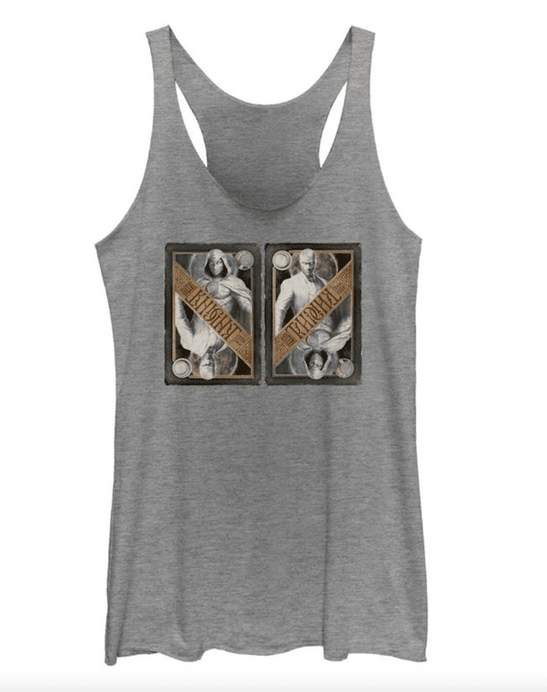 Moon Knight Two Personalities T-Shirt / shop it <a href=https://www.walmart.com/ip/Women-s-Marvel-Moon-Knight-Two-Personalities-Playing-Cards-Racerback-Tank-Top-Gray-Heather-Large/390733120>here</a>