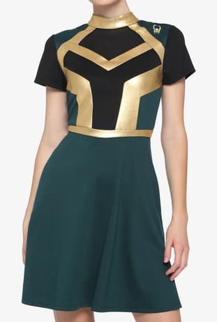 Her Universe Loki Mesh Dress / shop it <a href=https://www.hottopic.com/product/her-universe-marvel-loki-mock-neck-mesh-inset-panel-dress/15095345.html>here</a>