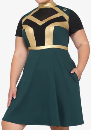 Her Universe Loki Mesh Dress / shop it <a href=https://www.hottopic.com/product/her-universe-marvel-loki-mock-neck-mesh-inset-panel-dress/15095345.html>here</a>