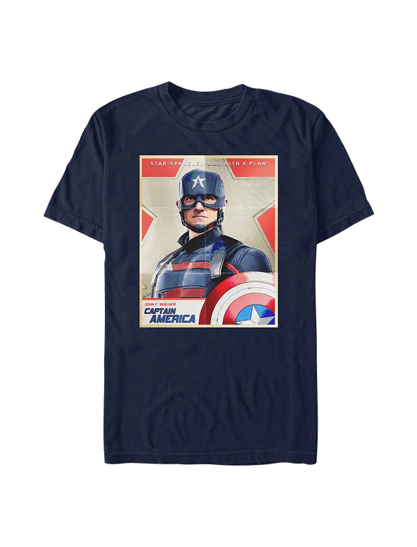 <a href=https://www.hottopic.com/product/marvel-the-falcon-and-the-winter-soldier-captain-america-poster-t-shirt/15490611.html>Captain America Poster T-Shirt</a> / Hot Topic