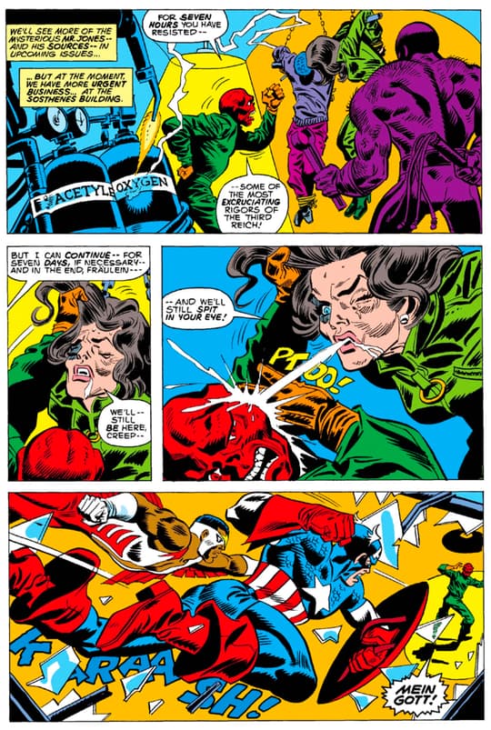 Peggy is tortured by the Red Skull before Cap and Falcon intervene.