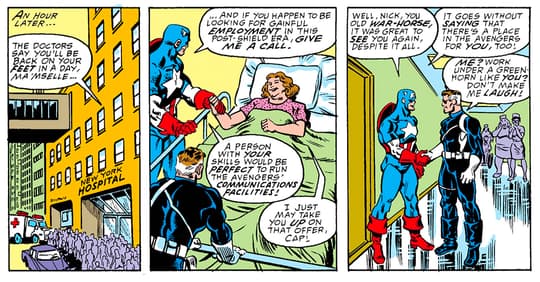 Captain American and Nick Fury visit Peggy in the hospital.
