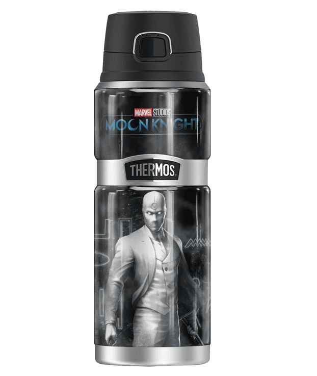 Moon Knight Stainless Steel Drink Bottle / shop it <a href=https://www.amazon.com/Hieroglyphics-THERMOS-STAINLESS-Stainless-insulated/dp/B09TF8G189>here</a>