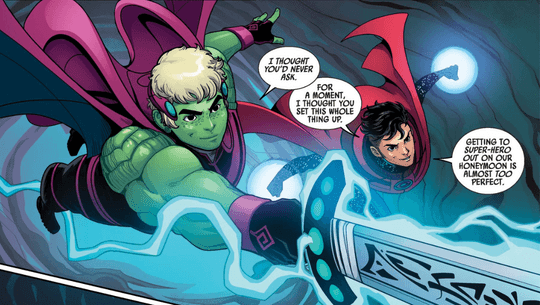 Wiccan and Hulkling saving Little Chandilar