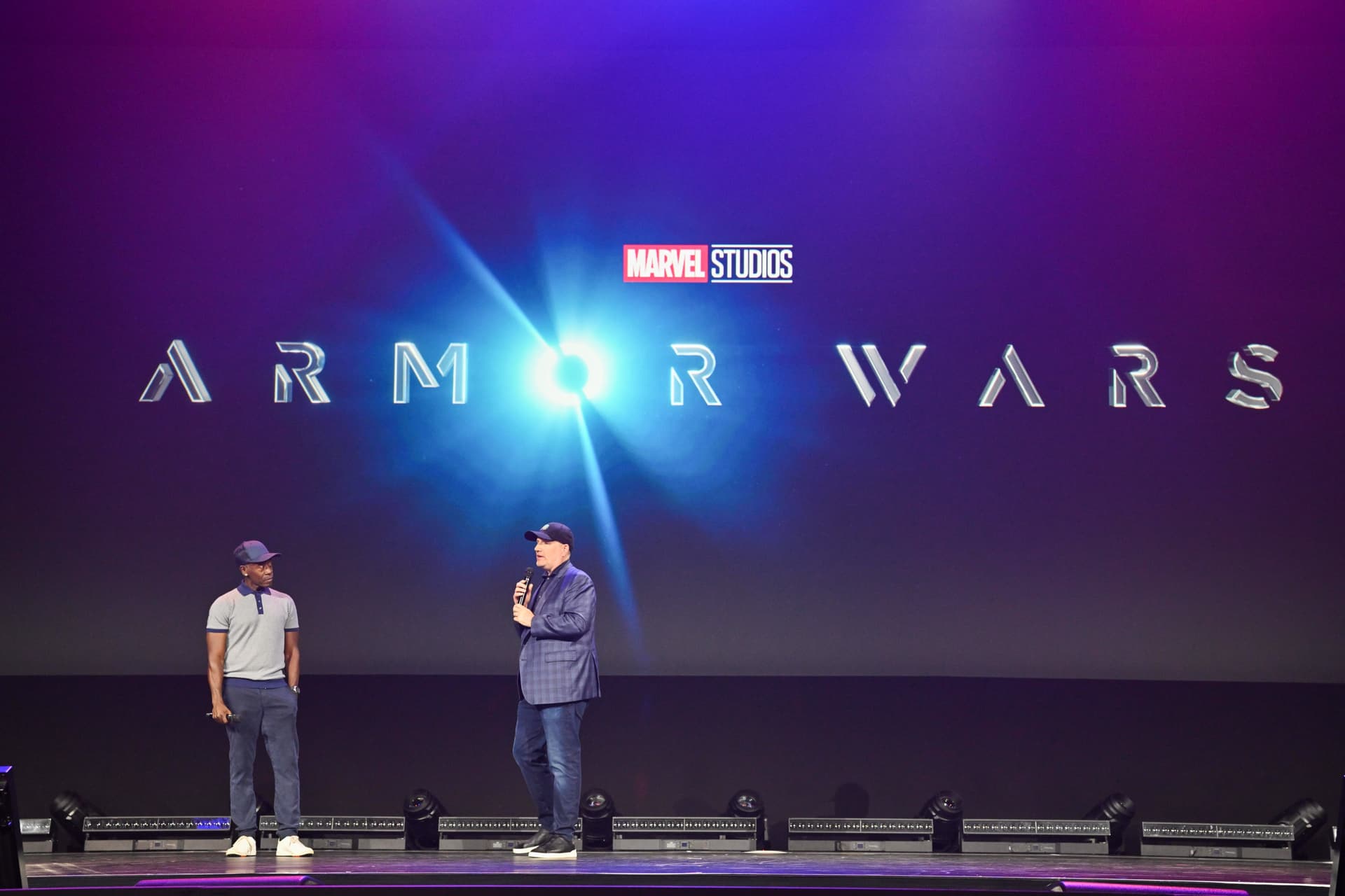 Don Cheadle and Kevin Feige during the 'Armor Wars' panel at D23