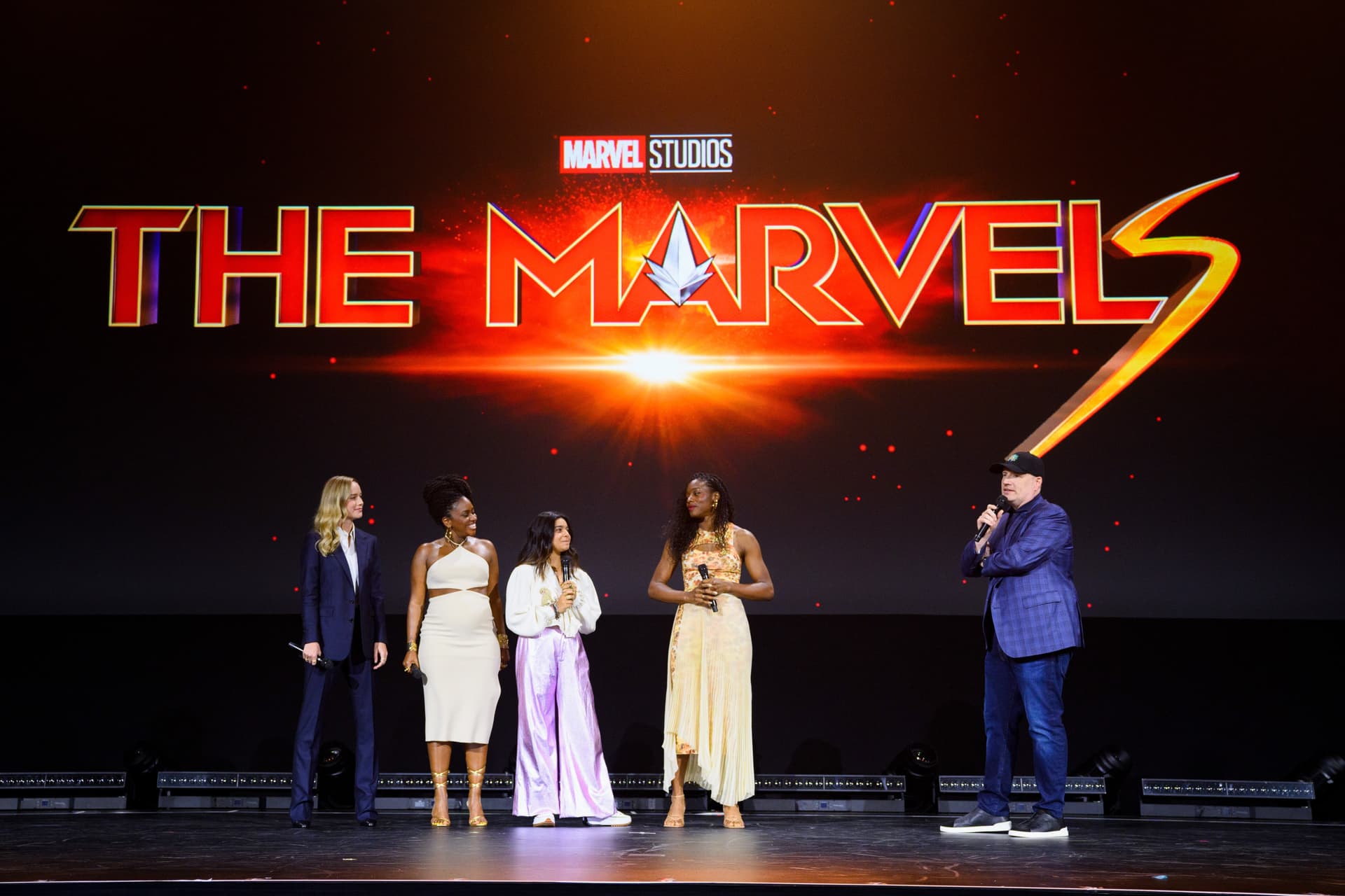 Brie Larson, Teyonah Parris, Iman Vellani, Nia DaCosta, and Kevin Feige during 'The Marvels' panel at D23