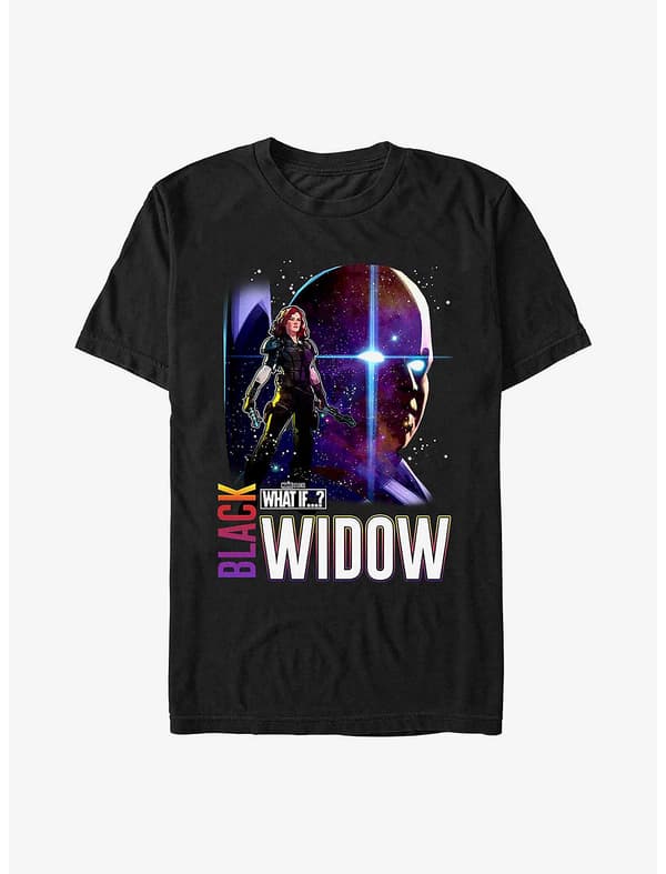 Post Apocalyptic Black Widow & The Watcher T-Shirt / shop it <a href=”https://www.hottopic.com/product/marvel-what-if-post-apocalyptic-black-widow-the-watcher-t-shirt/16976298.html">here</a>