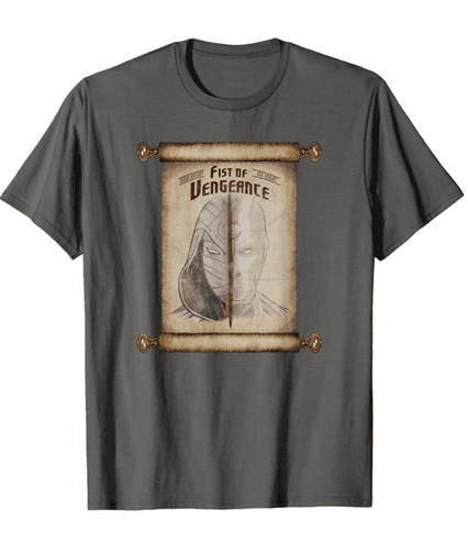 Moon Knight Fist Of Vengeance t-shirt / shop it <a href=https://www.amazon.com/Marvel-Knight-Vengeance-Scroll-T-Shirt/dp/B09TQ2B6VD>here</a>