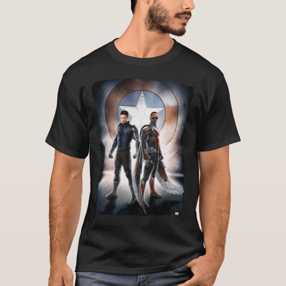 <a href=https://www.zazzle.com/winter_soldier_the_falcon_in_front_of_shield_t_shirt-235631701234724266>Falcon and Winter Soldier Shield</a> / Zazzle