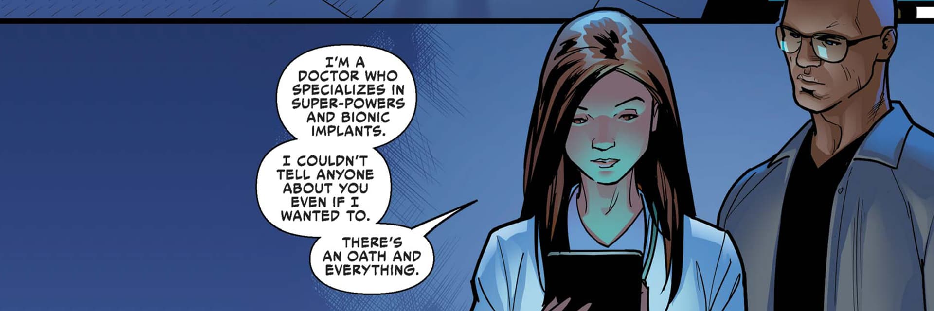 Doctor Claire Temple reviews a tablet with a man looking over her shoulder..