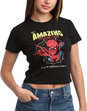 Marvel Women's Graphic Tee - The Amazing Spider-Man Novelty Fashion Cropped Baby Tee - Breathable Crop Tops for Women (S-L)
