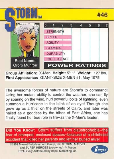 1991 Impel Marvel Universe Trading Card #46 Storm Official Marvel Character Card Back