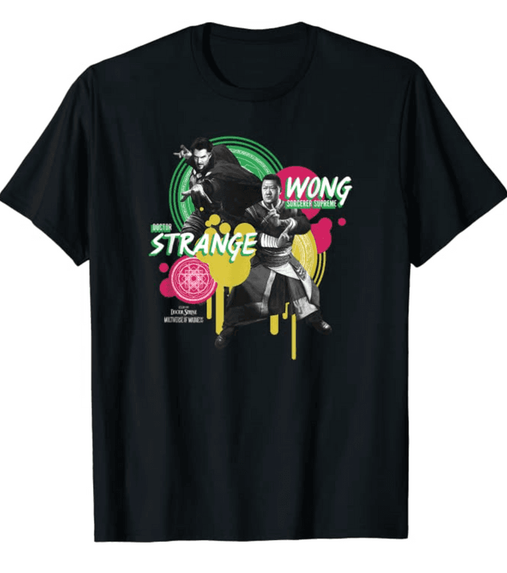 Strange and Wong Dip t-shirt / shop it <a href=https://www.amazon.com/Marvel-Strange-Multiverse-Madness-T-Shirt/dp/B09VCVFXY1>here</a>