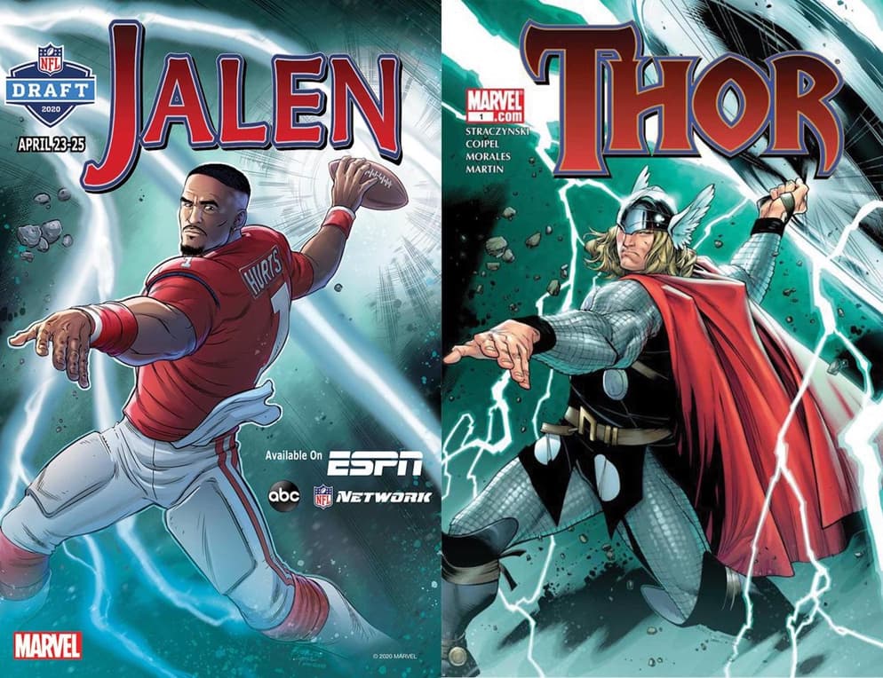 JALEN HURTS BY MARCIO FIORITO AND CARLOS LOPEZ, AFTER THOR (2007) #1 BY OLIVIER COIPEL