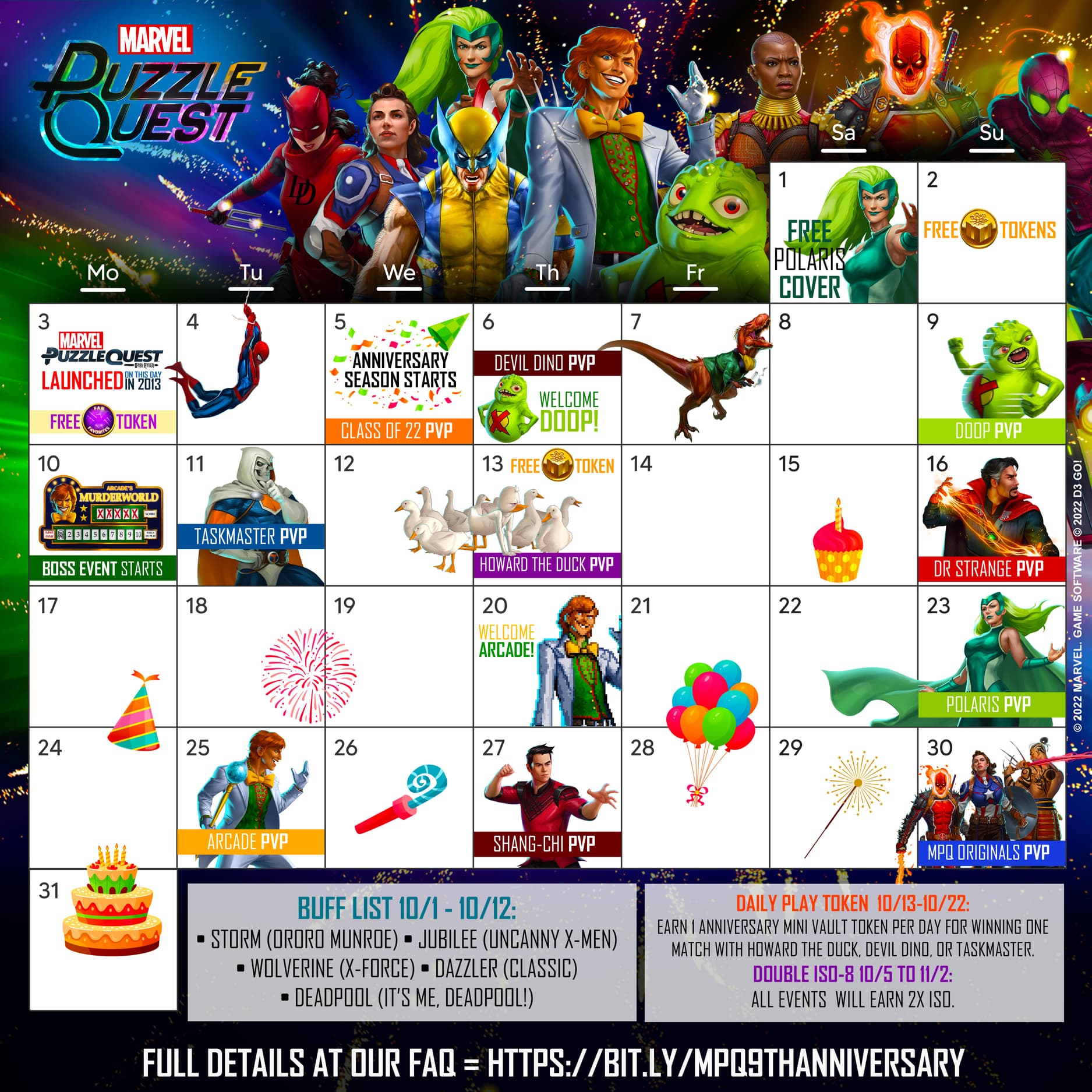 MARVEL Puzzle Quest 9th Anniversary October Calendar Schedule