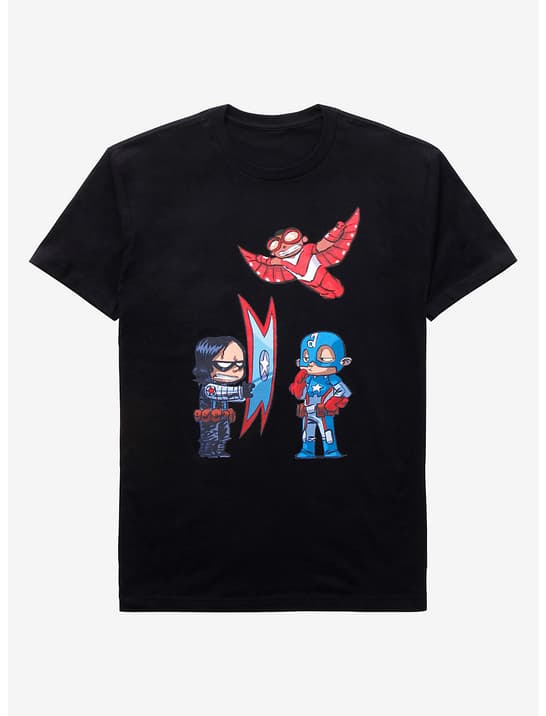 <a href=https://www.boxlunch.com/product/marvel-the-falcon-and-the-winter-soldier-chibi-t-shirt/15096796.html>Falcon and Winter Soldier Chibi T-Shirt</a> / Box Lunch