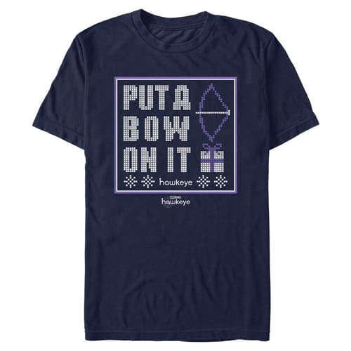“Put A Bow On It” T-Shirt / shop it <a href=https://www.hottopic.com/product/marvel-hawkeye-put-a-bow-on-it-t-shirt/17283233.html>here</a>