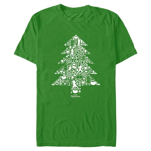 Hawkeye Christmas Tree T-Shirt / shop it <a href=https://www.hottopic.com/product/marvel-hawkeye-christmas-tree-t-shirt/17283113.html>here</a>