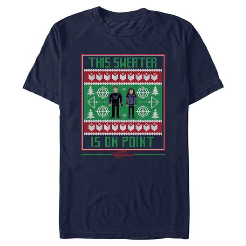 “This Sweater Is On Point” T-Shirt / shop it <a href=https://www.hottopic.com/product/marvel-hawkeye-this-holiday-sweater-is-on-point-t-shirt/17283263.html>here</a>