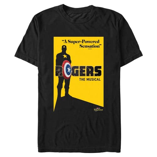 Rogers: The Musical poster t-shirt / shop it <a href=https://www.amazon.com/Marvel-Hawkeye-Rogers-Musical-T-Shirt/dp/B09JLBDPMQ>here</a>