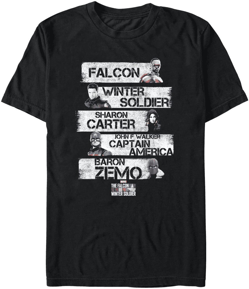 <a href=https://www.hottopic.com/product/marvel-the-falcon-and-the-winter-soldier-character-stack-t-shirt/15523114.html>Character Stack T-Shirt</a> / Hot Topic
