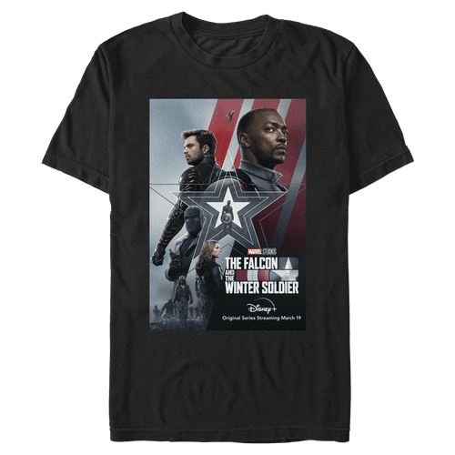 <a href=https://www.hottopic.com/product/marvel-the-falcon-and-the-winter-soldier-characters-t-shirt/15490691.html>Poster  T-Shirt</a> / Hot Topic
