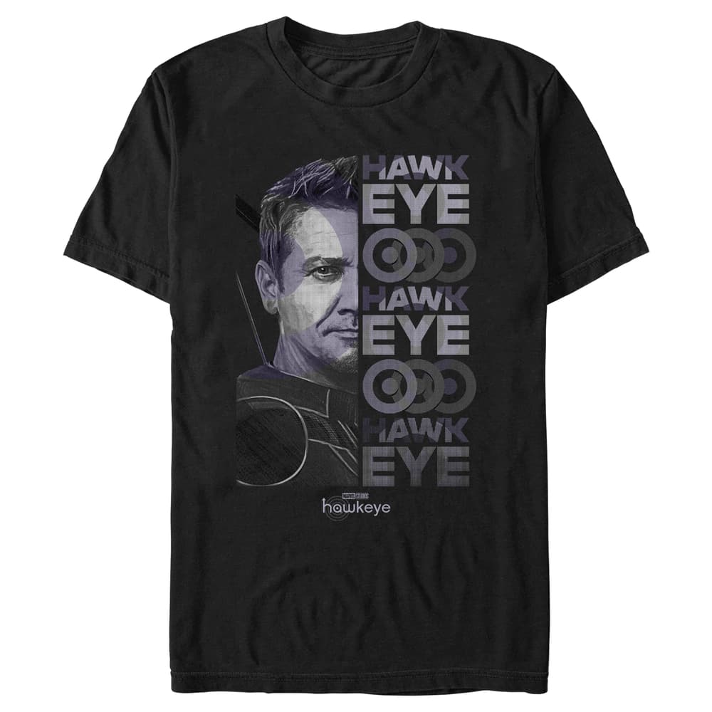 Hawkeye Half Face T-Shirt / shop it <a href=https://www.hottopic.com/product/marvel-hawkeye-half-face-t-shirt/17283143.html>here</a>