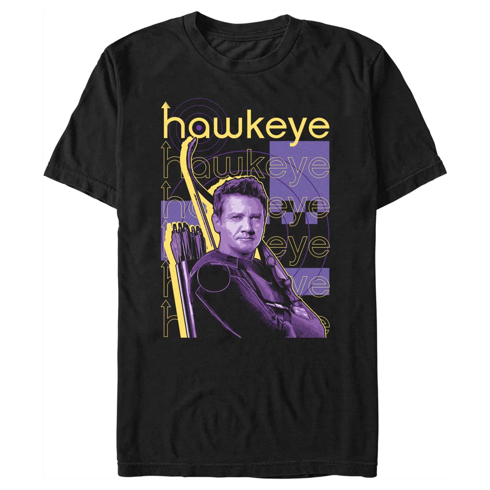 Hawkeye Stacked T-Shirt / shop it <a href=https://www.hottopic.com/product/marvel-hawkeye-stacked-hawkeye-t-shirt/17283243.html>here</a>