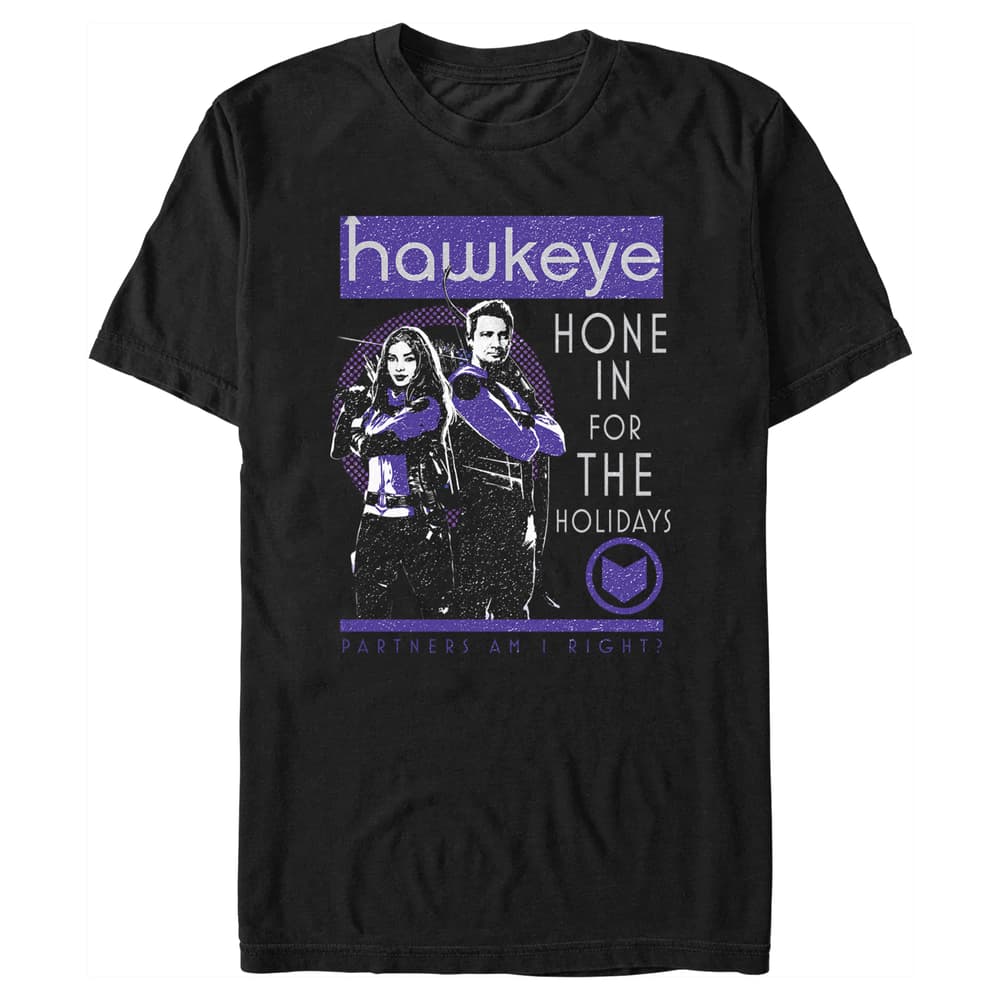 Hone In for the Holidays T-Shirt / shop it <a href=https://www.hottopic.com/product/marvel-hawkeye-hone-in-for-the-holidays-t-shirt/17283183.html>here</a>