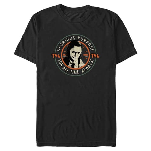 <a href=https://www.hottopic.com/product/marvel-loki-glorious-purpose-for-all-time-t-shirt/16013639.html>Loki Circle Stamp T-Shirt</a> / Hot Topic