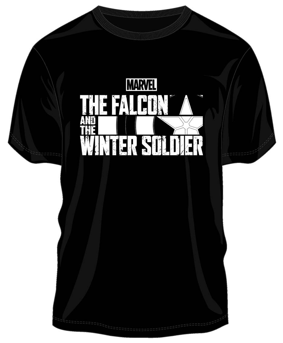 <a href=https://www.amazon.com/Falcon-Soldier-Packaged-Graphic-Shirt-S/dp/B08WDZ4S66>Black and White Logo T-Shirt </a> / Amazon