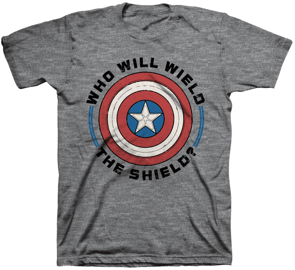 <a href=https://www.amazon.com/Marvel-Falcon-Winter-Soldier-T-Shirt/dp/B08STTGHC4>’Who Will Weid The Shield?’ T-Shirt</a> / Amazon