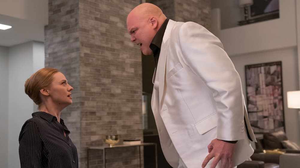 Karen Page (Deborah Ann Woll) faces off with Wilson Fisk (Vincent D'Onofrio) in "Marvel's Daredevil" Season 3