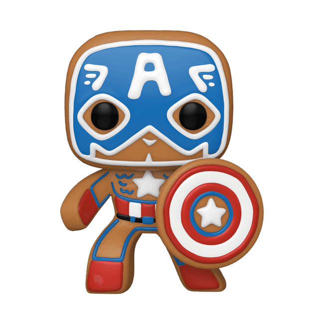 Gingerbread Captain America / shop it <a href=https://www.amazon.com/Funko-POP-Marvel-Holiday-Captain/dp/B085PHL1NT>here</a>