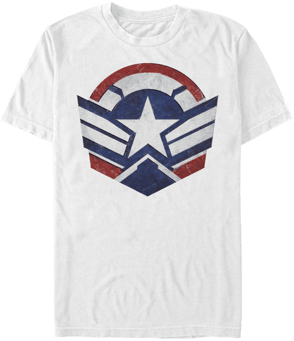 <a href=https://www.amazon.com/Marvel-Falcon-Winter-Soldier-T-Shirt/dp/B093D1DZ4W>Captain America Wings and Shield T-Shirt</a> / Amazon