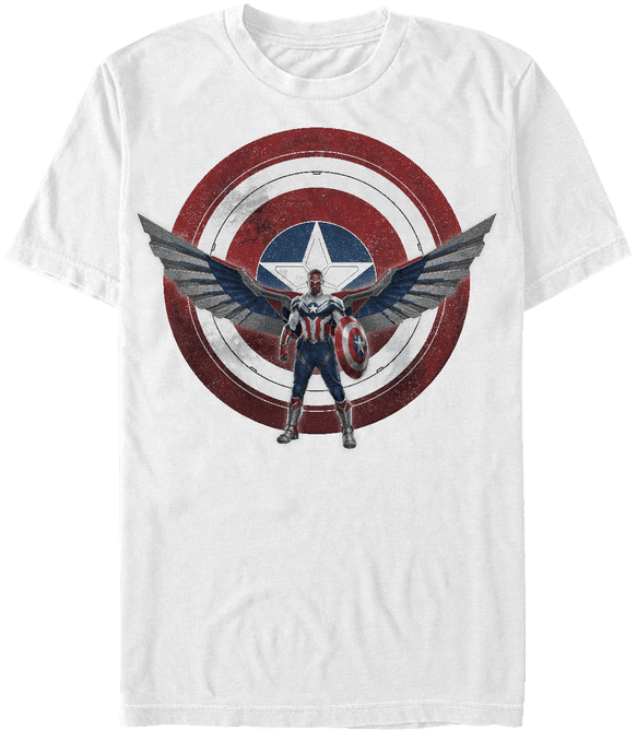<a href=https://www.amazon.com/Marvel-Soldier-Captain-America-T-Shirt/dp/B093D124RY>Captain America Shield with Wings T-Shirt</a> / Amazon