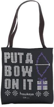 Buy it <a href=https://www.amazon.com/Marvel-Hawkeye-Put-Holiday-Tote/dp/B09KP43H3R>here</a>