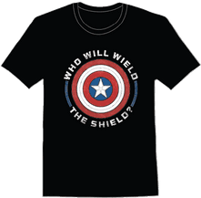 <a href=https://www.hottopic.com/product/marvel-the-falcon-and-the-winter-soldier-who-will-wield-t-shirt/15222591.html>Who Will Wield The Shield? T-Shirt</a> / Hot Topic