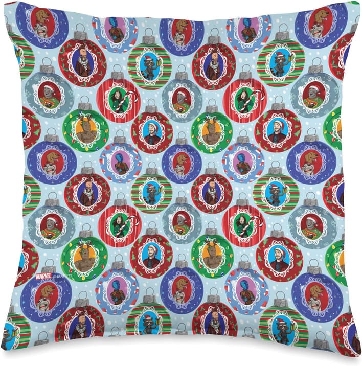 Guardians ornament pillow / shop it <a href=https://www.amazon.com/Marvel-Guardians-Holiday-Ornaments-Multicolor/dp/B0BGYXSYPK>here</a>