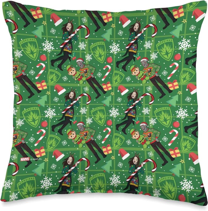 Drax and Mantis holiday pillow / shop it <a href=https://www.amazon.com/Marvel-Guardians-Holiday-Special-Multicolor/dp/B0BGYXSFJW>here</a>