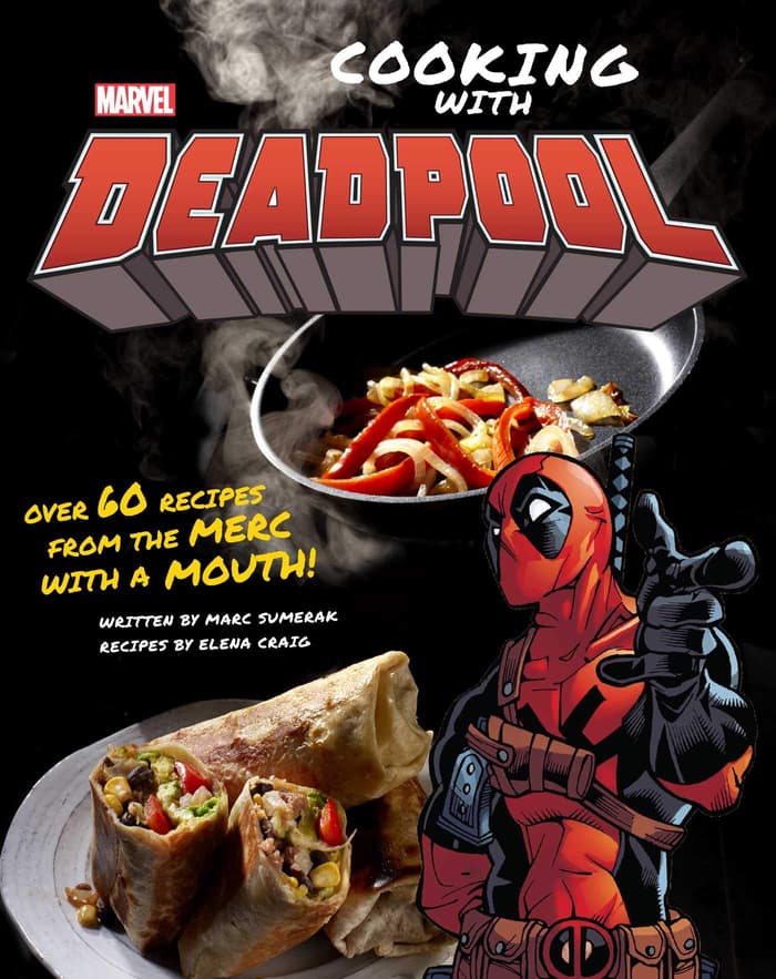 <a href=https://www.amazon.com/Marvel-Comics-Deadpool-Marc-Sumerak/dp/1683838440>Cooking with Deadpool Cookbook</a> / Amazon