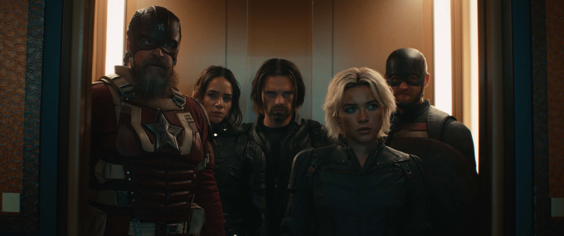 David Harbour as Red Guardian, Hannah John-Kamen as Ghost, Sebastian Stan as Bucky, Florence Pugh as Yelena, and Wyatt Russell as John Walker. 