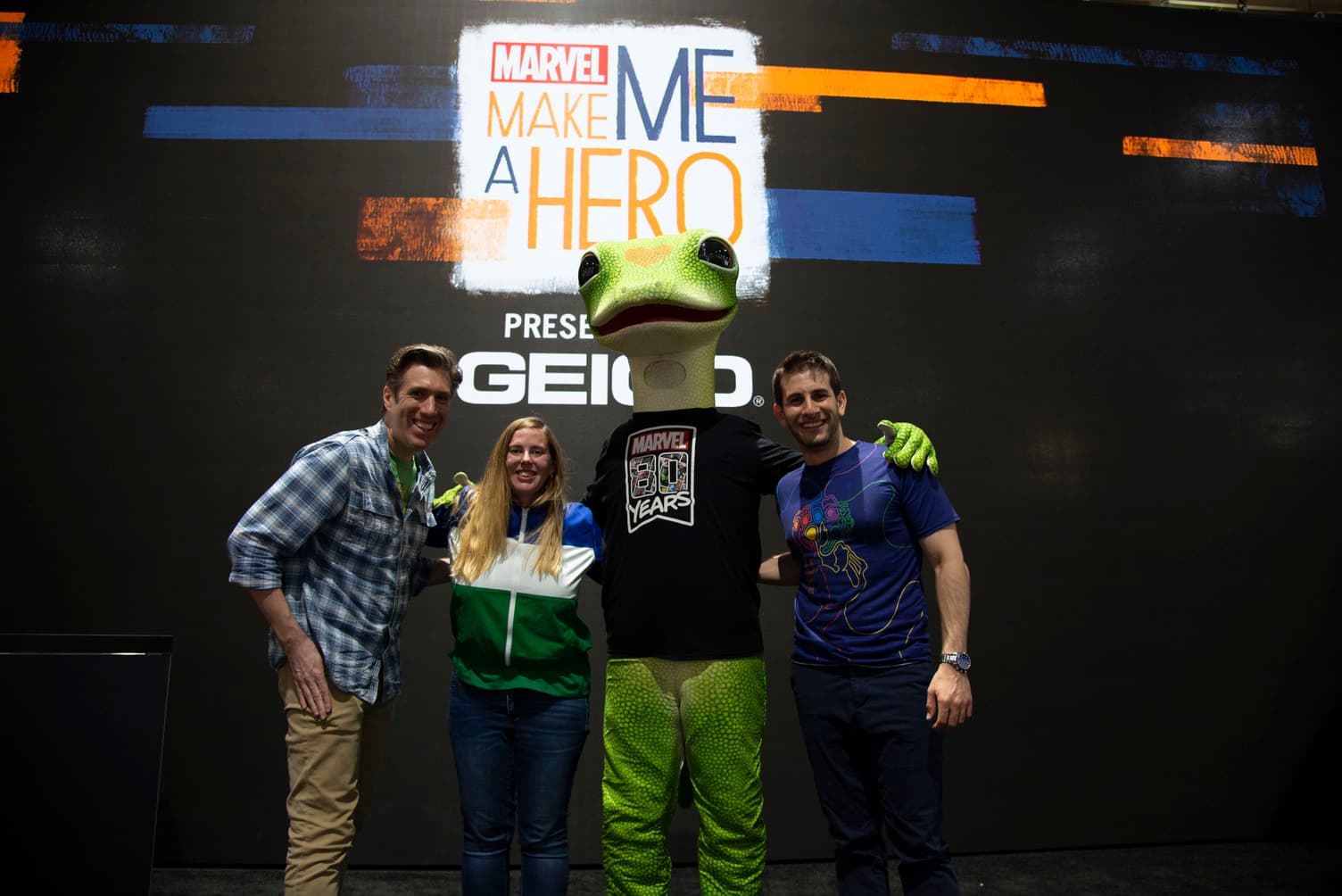 Sarah and the Gecko from Geico join artist Todd Nauck and host Josh Saley present Marvel's Let's Play live at SDCC