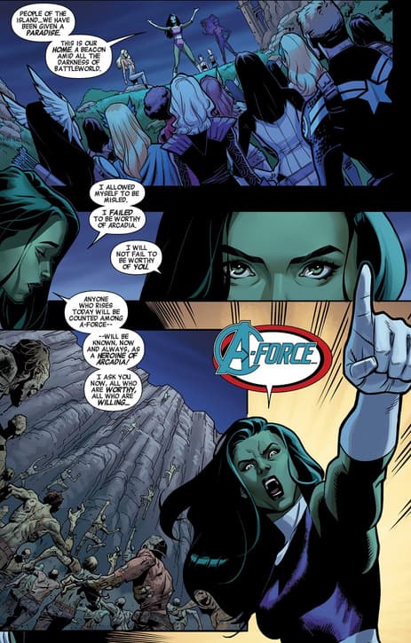 She-Hulk, master of the motivational in A-FORCE (2015) #5.