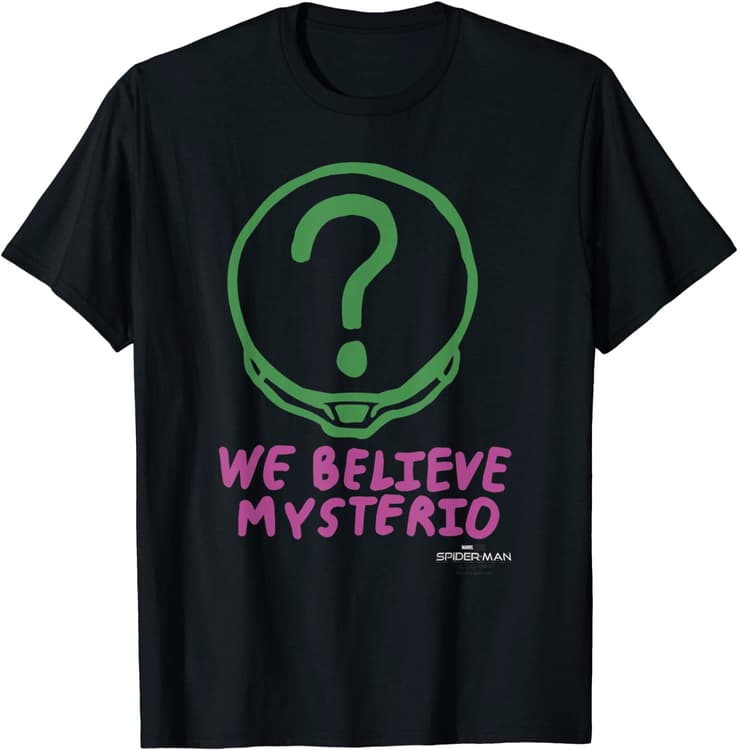 We Believe Mysterio T-Shirt / shop it <a href=https://www.amazon.com/Marvel-Spider-Man-Mysterio-Believe-T-Shirt/dp/B09BKD42SZ>here</a>