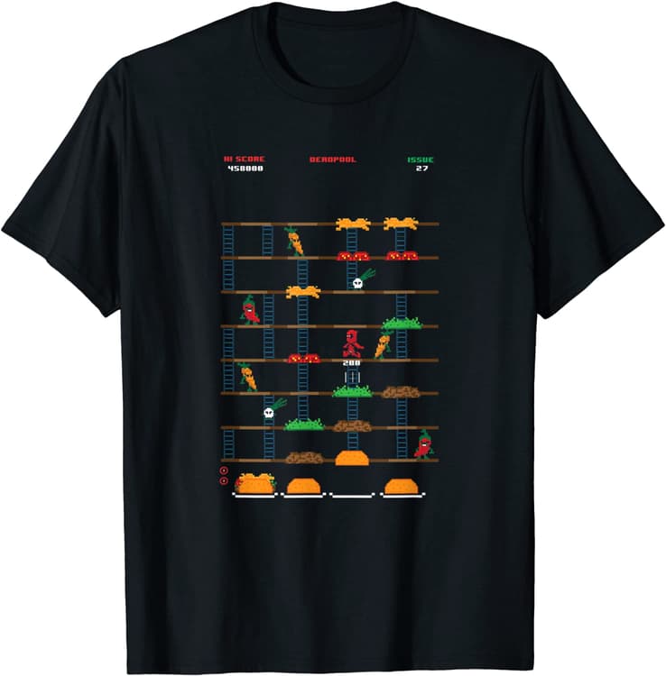 <a href=https://www.amazon.com/Marvel-Gaming-Deadpool-Burger-T-Shirt/dp/B07RGMQ4CX>Deadpool Retro Gaming Burger Time T-Shirt</a> / Amazon