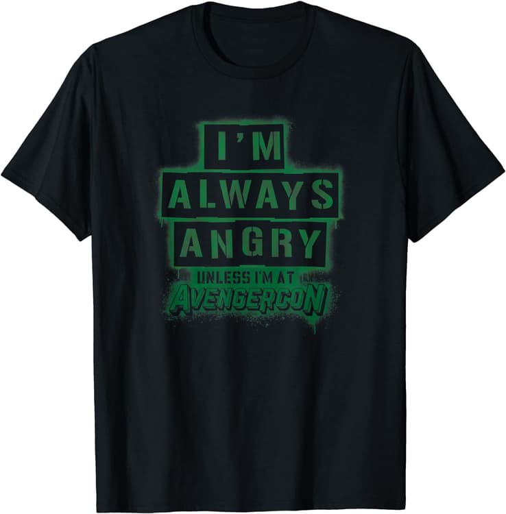 I’M ALWAYS ANGRY UNLESS I’M AT AVENGERCON t-shirt / shop it <a href=https://www.amazon.com/Marvel-Always-Angry-Stencil-T-Shirt/dp/B09YTH2B46>here</a>