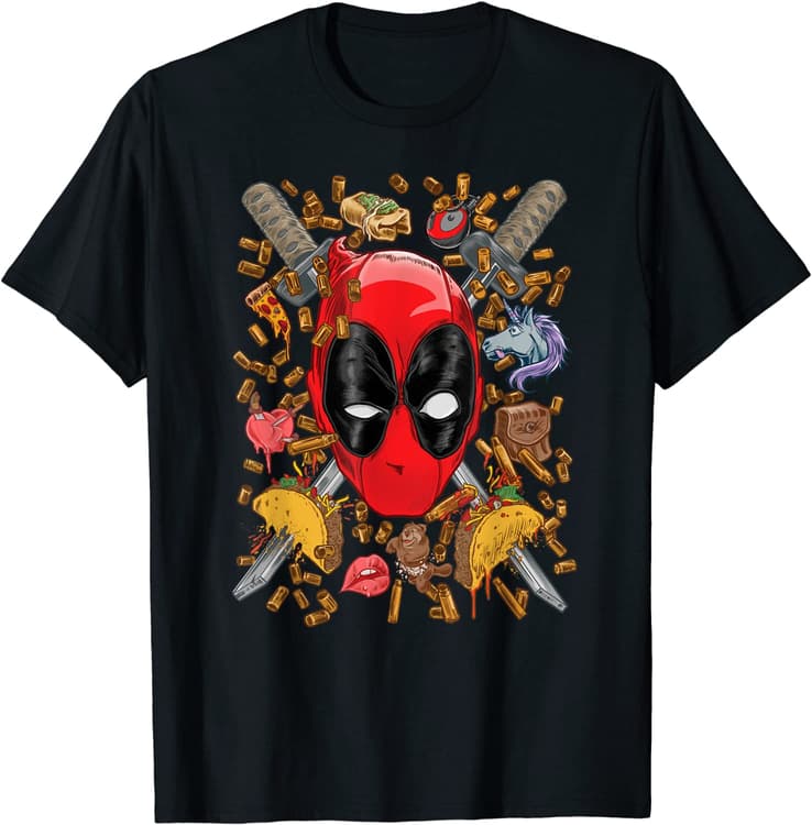 <a href=https://www.amazon.com/Marvel-Deadpool-Snacks-Bullets-T-Shirt/dp/B07WNKMGRV>Deadpool Snacks and Bullets T-Shirt</a> / Amazon