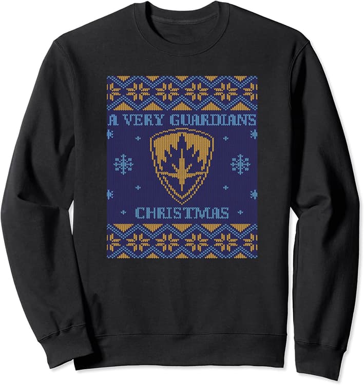 A Very Guardians Christmas ugly sweatshirt / shop it <a href=https://www.amazon.com/Marvel-Guardians-Holiday-Special-Sweatshirt/dp/B0BCD8BLRV>here</a>